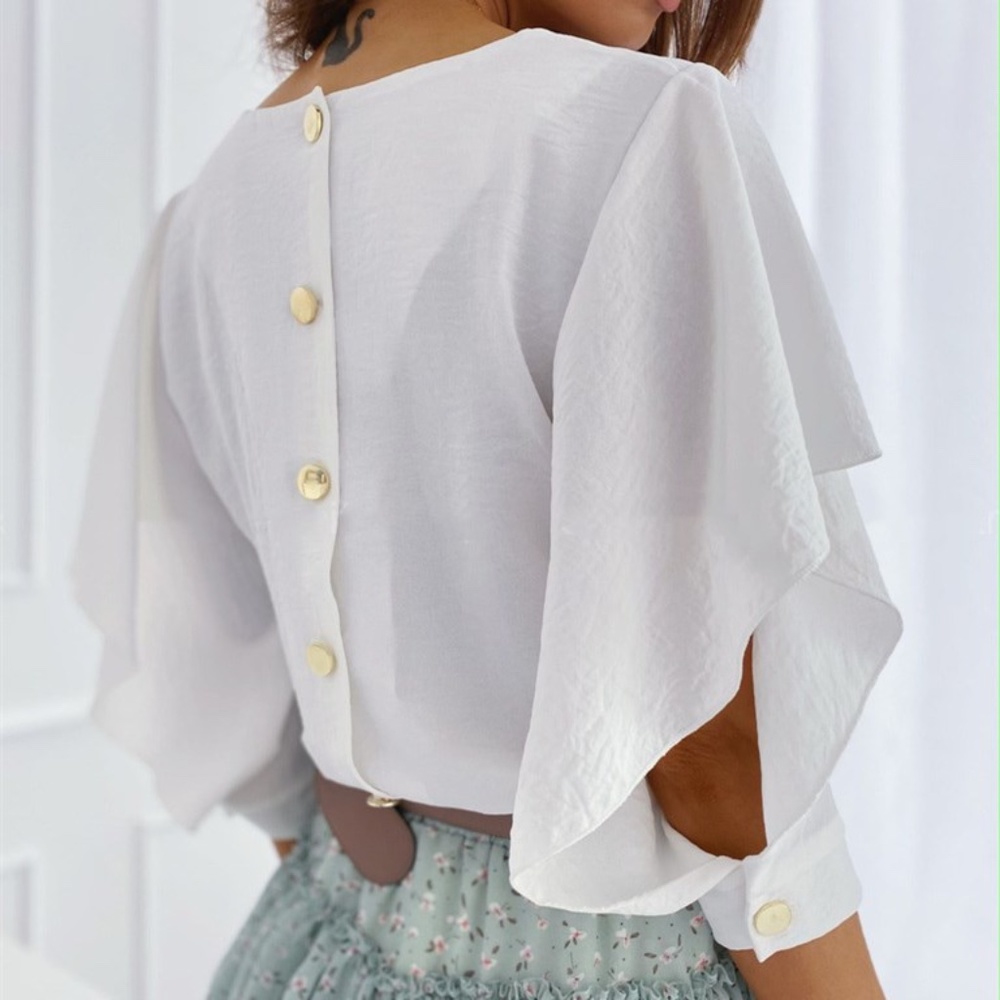 AFTER XMAS CLEARANCE SALE! White Hollow Sleeve Back Button Blouse